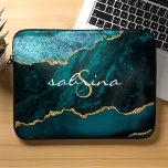 Monogram Teal Blue Gold Agate Geode Laptop Sleeve<br><div class="desc">This chic design features an elegant watercolor image of teal blue agate trimmed with faux gold glitter. Personalise it with your monogram initial in gold coloured decorative font and your name in white handwriting script.</div>