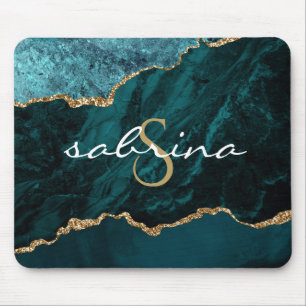 Monogram Teal Blue Gold Agate Geode Mouse Pad