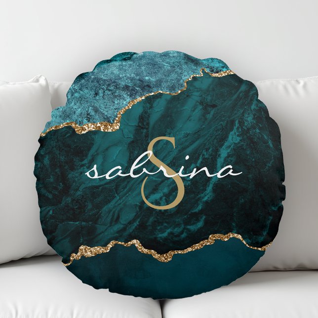 Monogram Teal Blue Gold Agate Geode Round Cushion (Creator Uploaded)