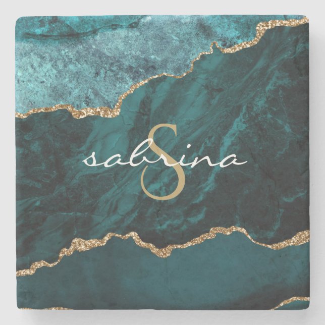Monogram Teal Blue Gold Agate Geode Stone Coaster (Front)