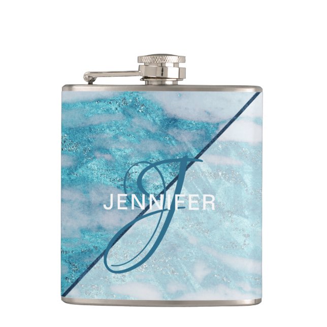 Monogram Teal Blue Marble Geometric Bridesmaid Hip Flask (Front)