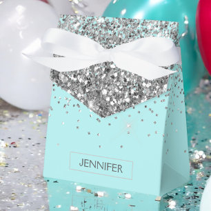 Monogram Teal Blue Silver Glam Glitter Name Favour Box