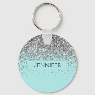 Monogram Teal Blue Silver Glam Glitter Name Key Ring