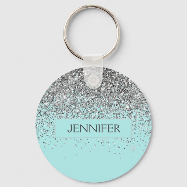 Monogram Teal Blue Silver Glam Glitter Name Key Ring (Front)