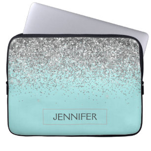Monogram Teal Blue Silver Glam Glitter Name Laptop Sleeve