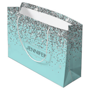 Monogram Teal Blue Silver Glam Glitter Name Large Gift Bag