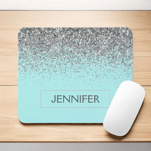 Monogram Teal Blue Silver Glam Glitter Name Mouse Pad