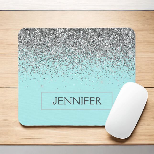 Monogram Teal Blue Silver Glam Glitter Name Mouse Pad (Creator Uploaded)