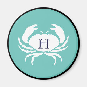 Monogram Teal Blue White Navy Blue Crab Nautical  Magnet