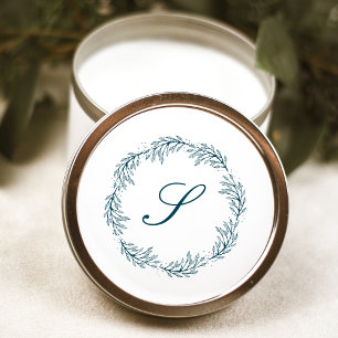 Monogram Teal Blue Wreath Classic Script Wedding Classic Round Sticker