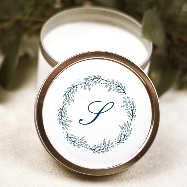 Monogram Teal Blue Wreath Classic Script Wedding Classic Round Sticker (Creator Uploaded)