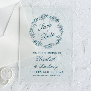 Monogram Teal Blue Wreath Wedding Save the Date Acrylic Invitations