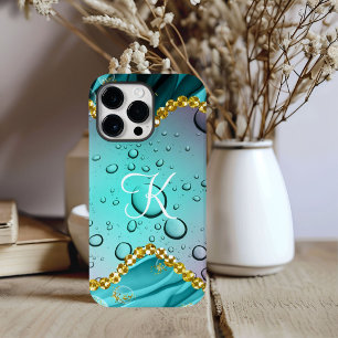 Monogram Teal Foil Gold Trim Fantasy Raindrops Case-Mate iPhone 14 Pro Max Case