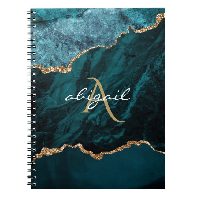 Monogram Teal Gold Agate Geode Notebook (Front)
