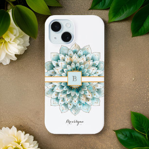 Monogram Teal Gold Flower Mandala iPhone 15 Case