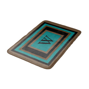 Monogram Teal Green Black Brown Geometric Bath Mat