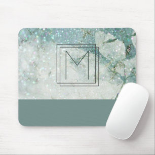 Monogram Teal Green Marble Glitter Monogram Mouse Pad