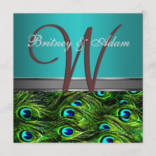Monogram Teal & Green Peacock Wedding Invitations