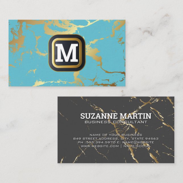 Monogram | Teal Grey Gold Marble Business Card (Front/Back)