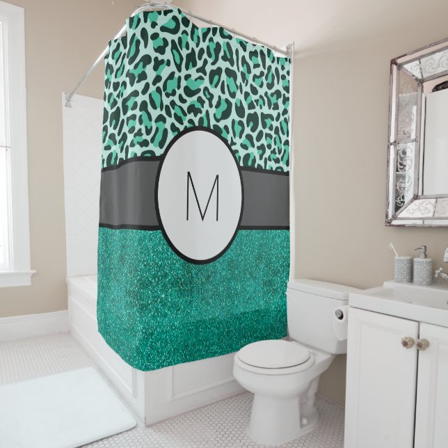 Monogram Teal Luxury Shower Curtain Bath (In Situ)