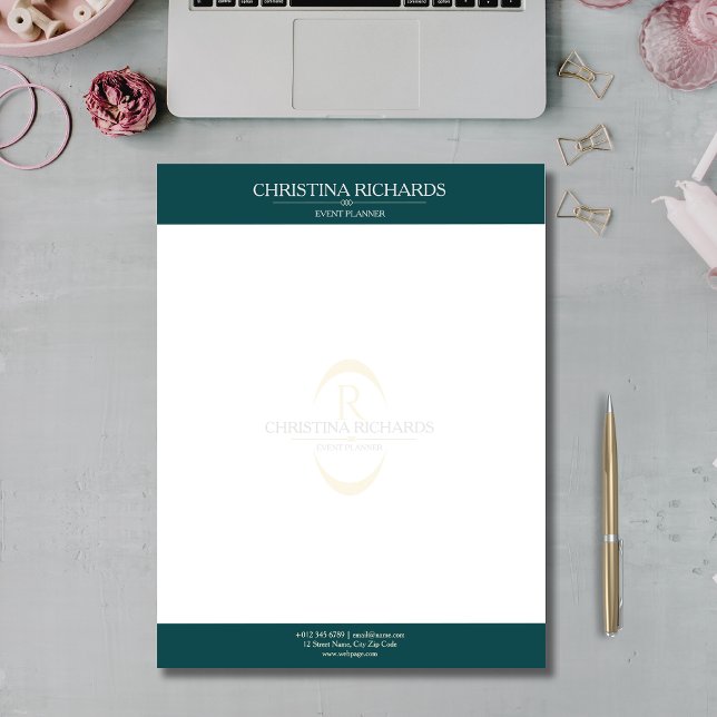 Monogram Teal Modern Elegant Business Custom Letterhead (Creator Uploaded)