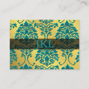 Monogram, teal on gold tone damask chubby card