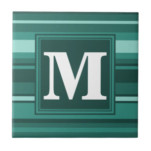 Monogram teal stripes ceramic tile