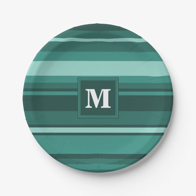 Monogram teal stripes paper plate (Front)