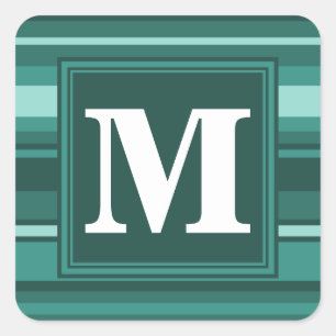 Monogram teal stripes square sticker