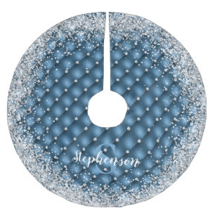 Monogram Teal Tufted Diamond Silver Glitter Brushed Polyester Tree Skirt