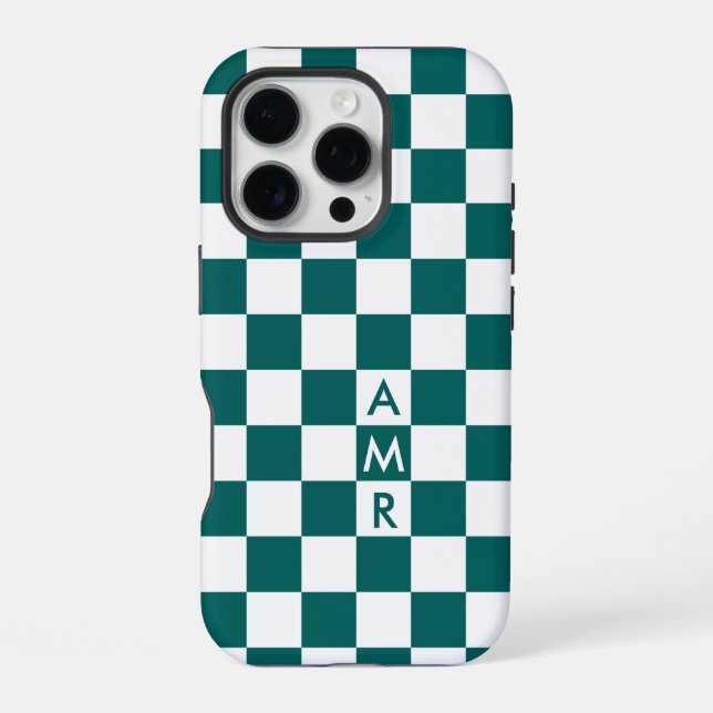 Monogram Teal White Chequered Pattern iPhone Case (Back)
