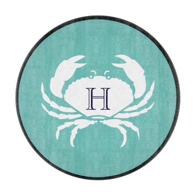 Monogram  Teal White Navy Blue Crab Nautical Cutti Cutting Board (Front)