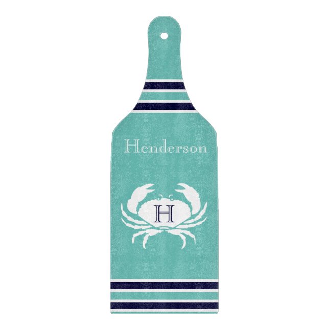 Monogram  Teal White Navy Blue Crab Nautical Cutting Board (Front)