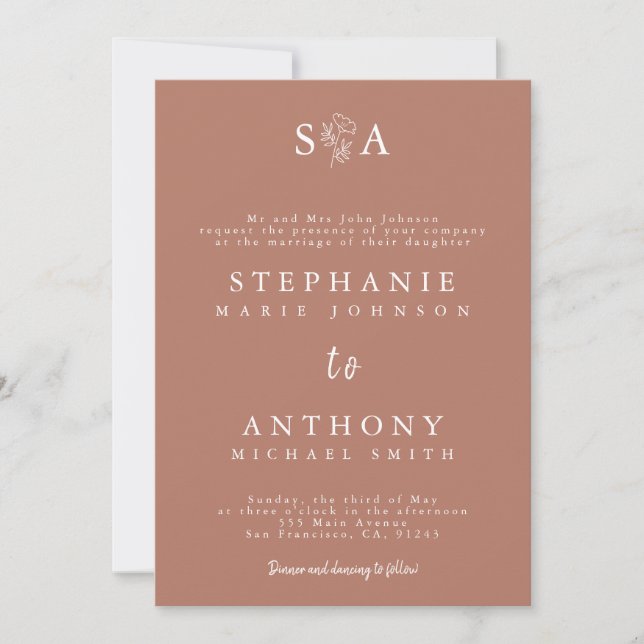 Monogram Terracotta Wildflower Wedding Invitation (Front)