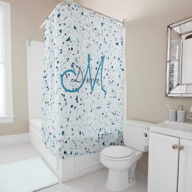 Monogram Terrazzo Blue Green Teal White Grey Retro Shower Curtain (In Situ)