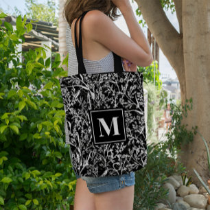 Monogram Text Floral Flower Grayscale Tote Bag