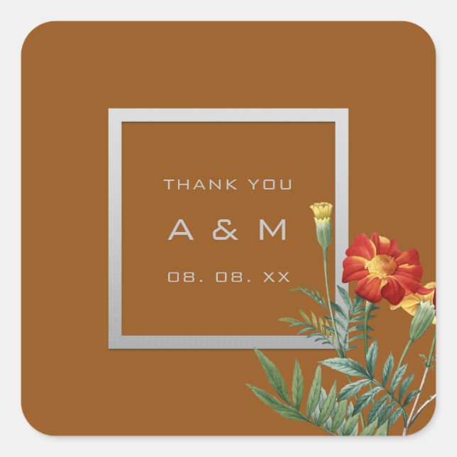 Monogram Thank Grey Frame Silver Floral Brown Square Sticker (Front)