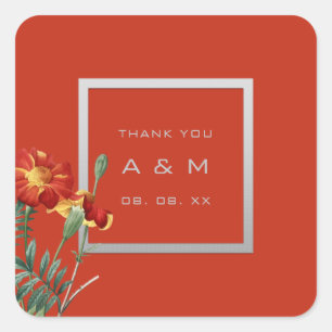 Monogram Thank Grey Frame Silver Floral Coral Square Sticker