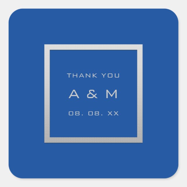 Monogram Thank Grey Frame Silver Wedding Blue Square Sticker (Front)