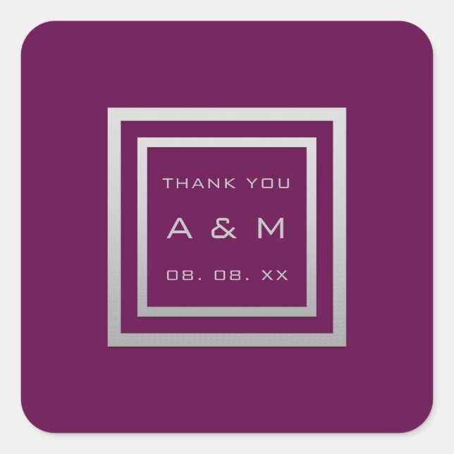 Monogram Thank Grey Frame Silver Wedding Marsala Square Sticker (Front)