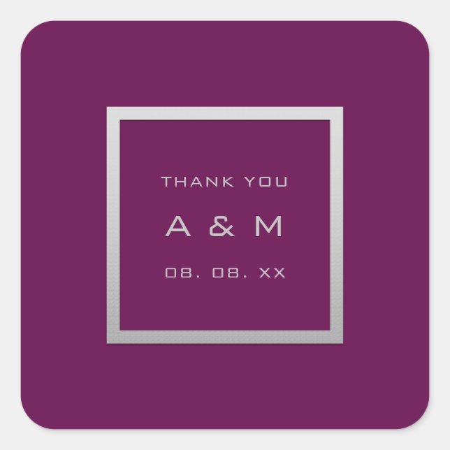 Monogram Thank Grey Frame Silver Wedding Marsala Square Sticker (Front)