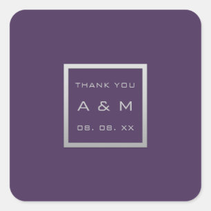 Monogram Thank Grey Frame Silver Wedding Purple Square Sticker
