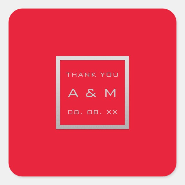 Monogram Thank Grey Frame Silver Wedding Red Square Sticker (Front)