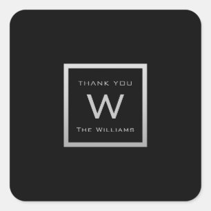 Monogram Thank Grey Silver Frame VIP Wedding Black Square Sticker