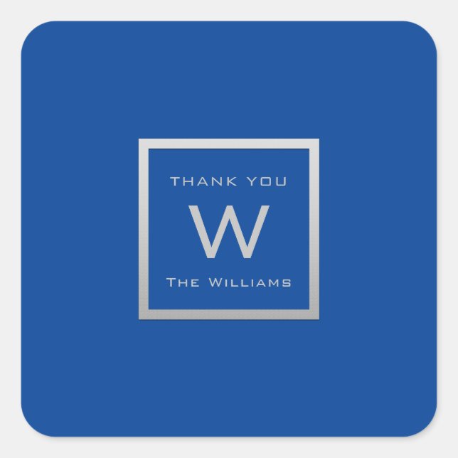 Monogram Thank Grey Silver Frame VIP Wedding Blue Square Sticker (Front)