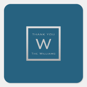 Monogram Thank Grey Silver Frame VIP Wedding Blue Square Sticker