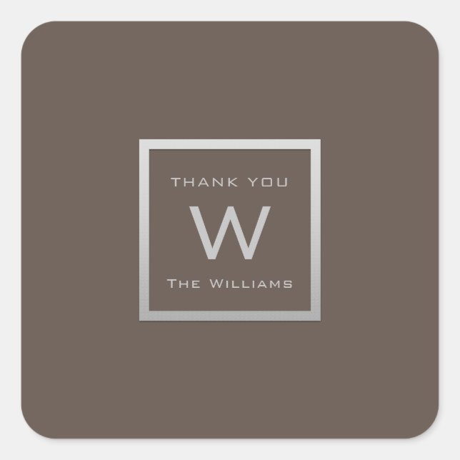 Monogram Thank Grey Silver Frame VIP Wedding Brown Square Sticker (Front)