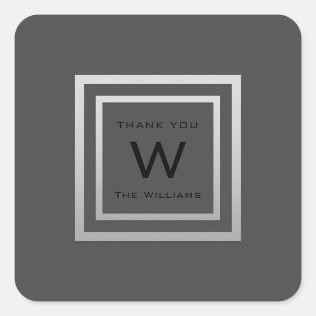 Monogram Thank Grey Silver Frame VIP Wedding Square Sticker (Front)