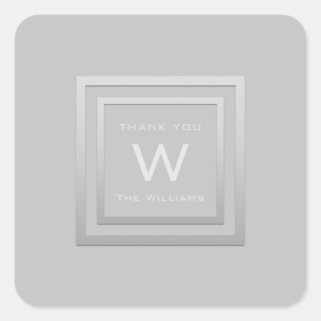 Monogram Thank Grey Silver Frame VIP Wedding White Square Sticker (Front)
