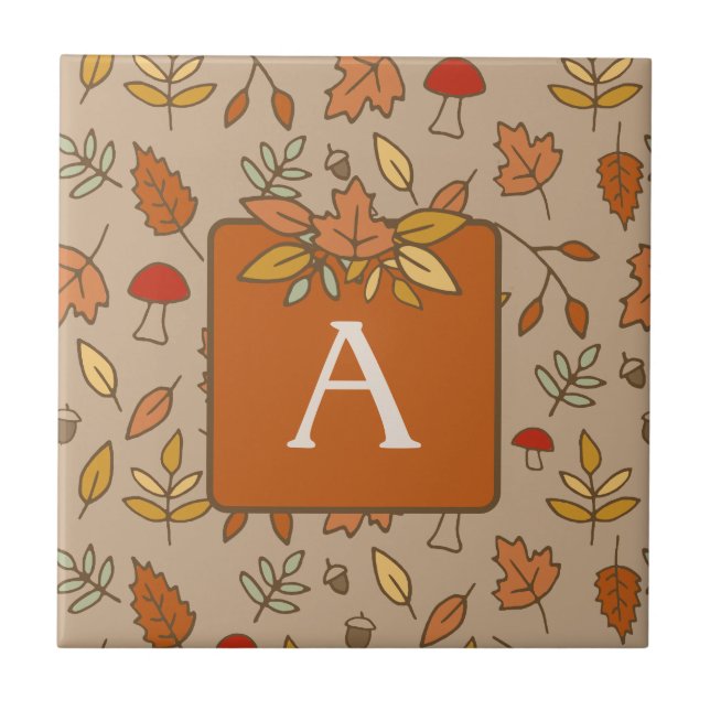 Monogram Thanksgiving Fall Leaves Ceramic Tile (Front)